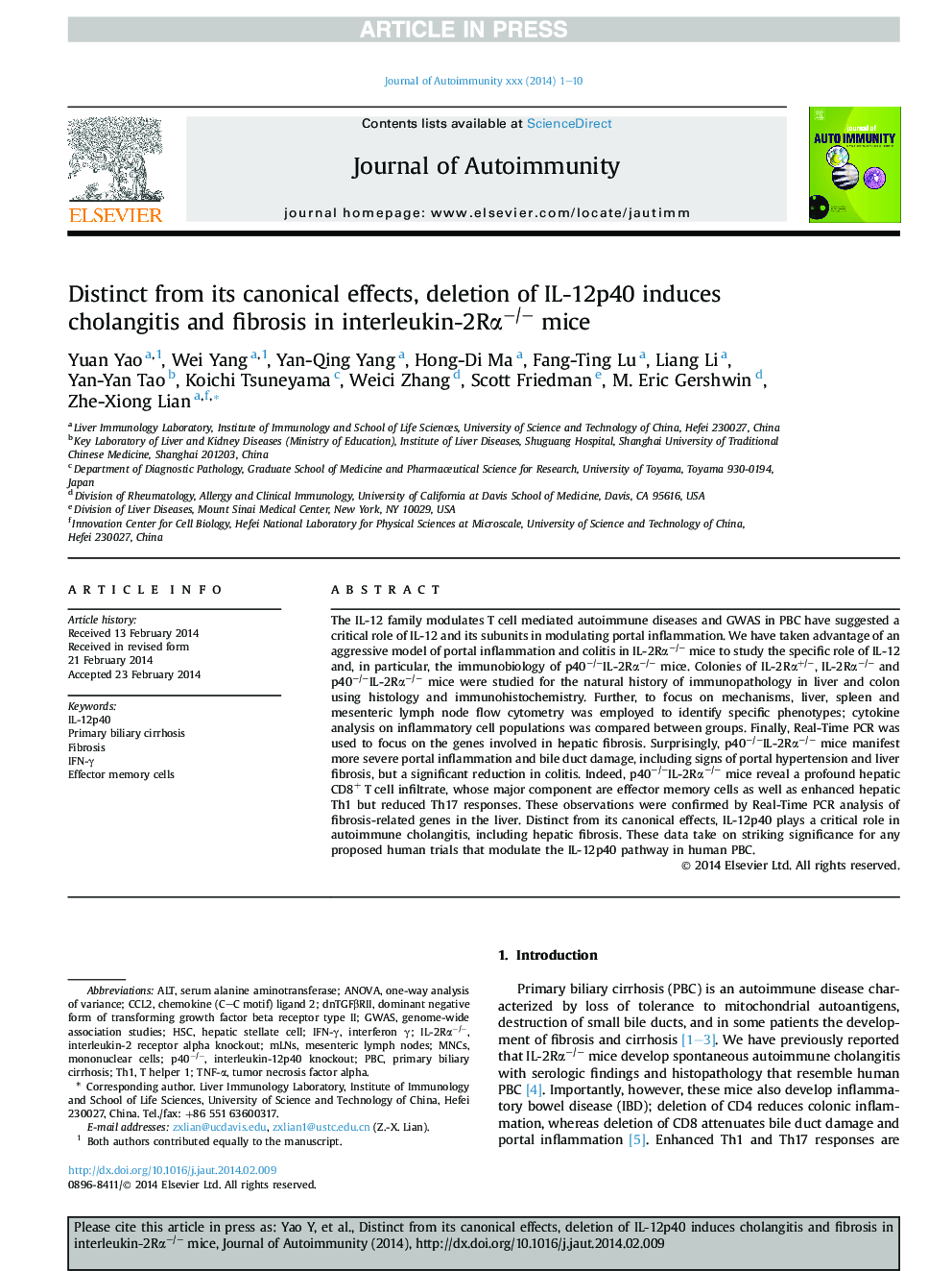 Distinct from its canonical effects, deletion of IL-12p40 induces cholangitis and fibrosis in interleukin-2RÎ±â/â mice