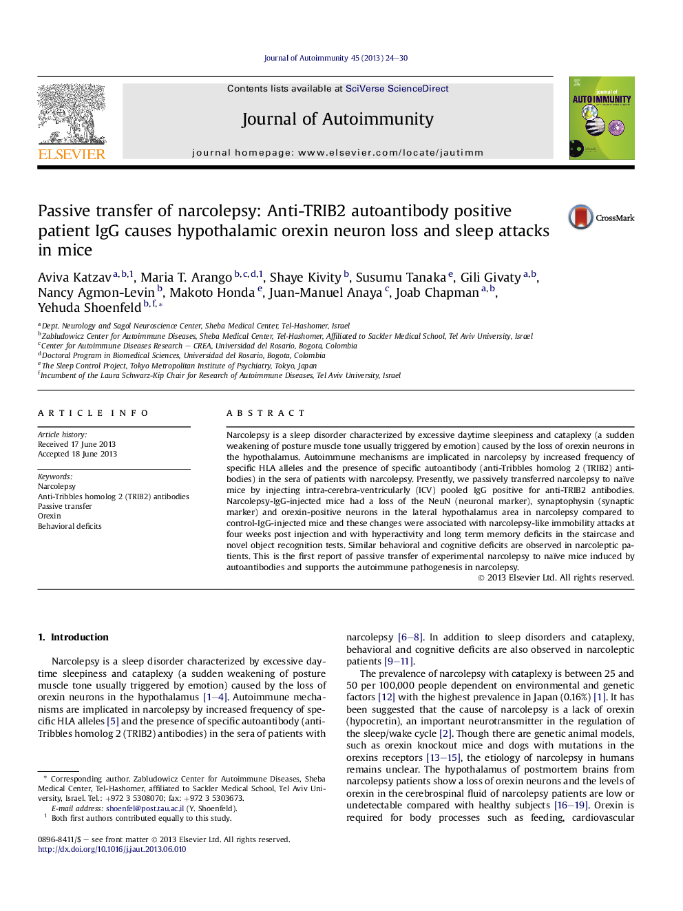 Passive transfer of narcolepsy: Anti-TRIB2 autoantibody positive patient IgG causes hypothalamic orexin neuron loss and sleep attacks in mice