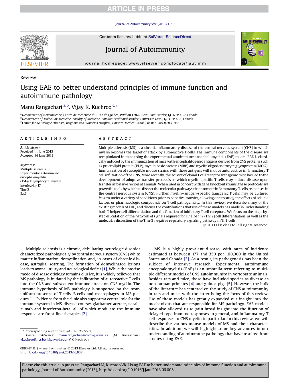 Using EAE to better understand principles of immune function and autoimmune pathology