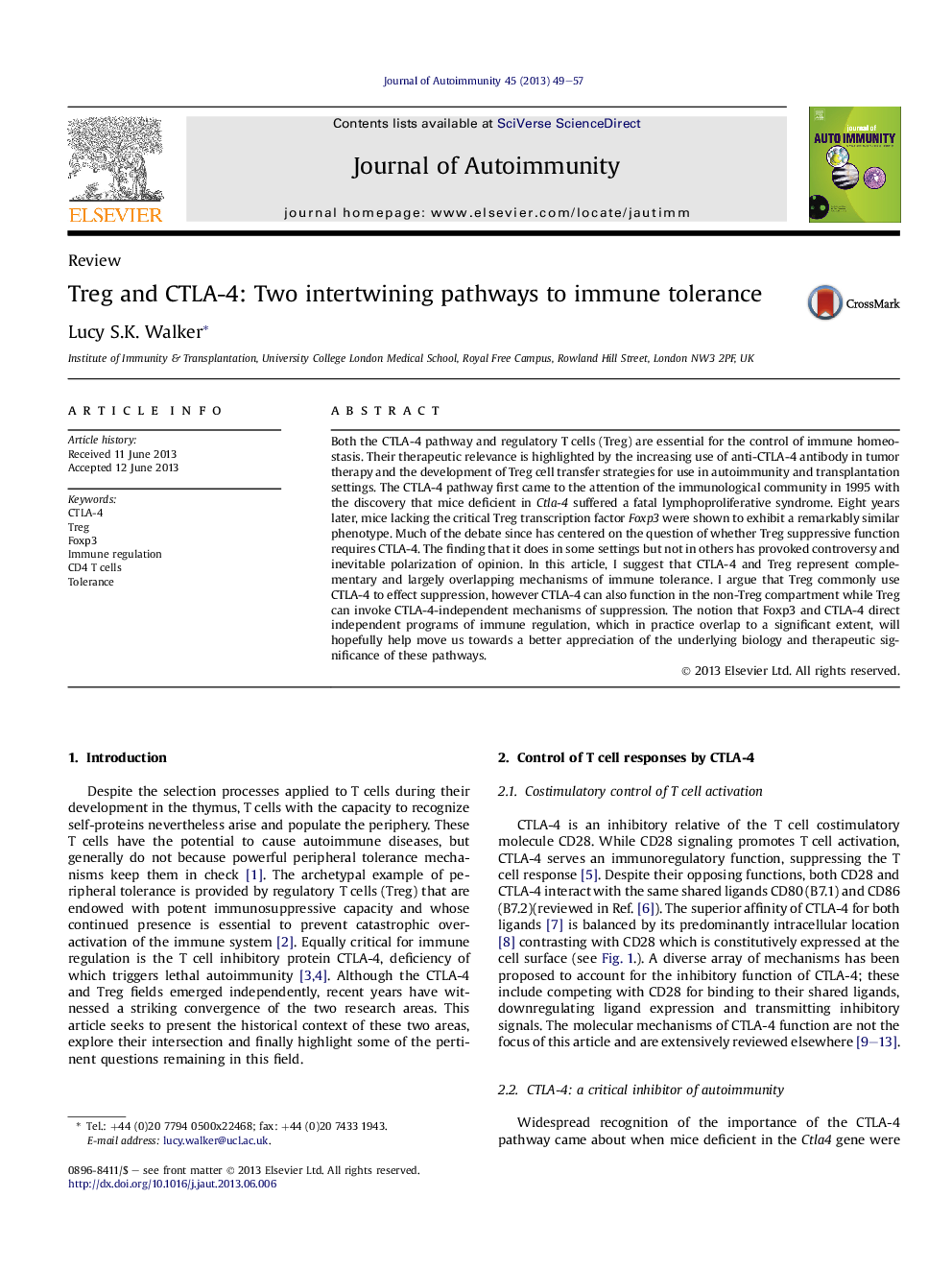 Treg and CTLA-4: Two intertwining pathways to immune tolerance