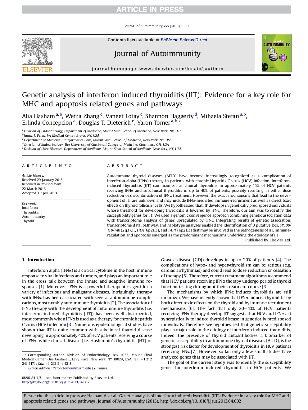 Genetic analysis of interferon induced thyroiditis (IIT): Evidence for a key role for MHC and apoptosis related genes and pathways