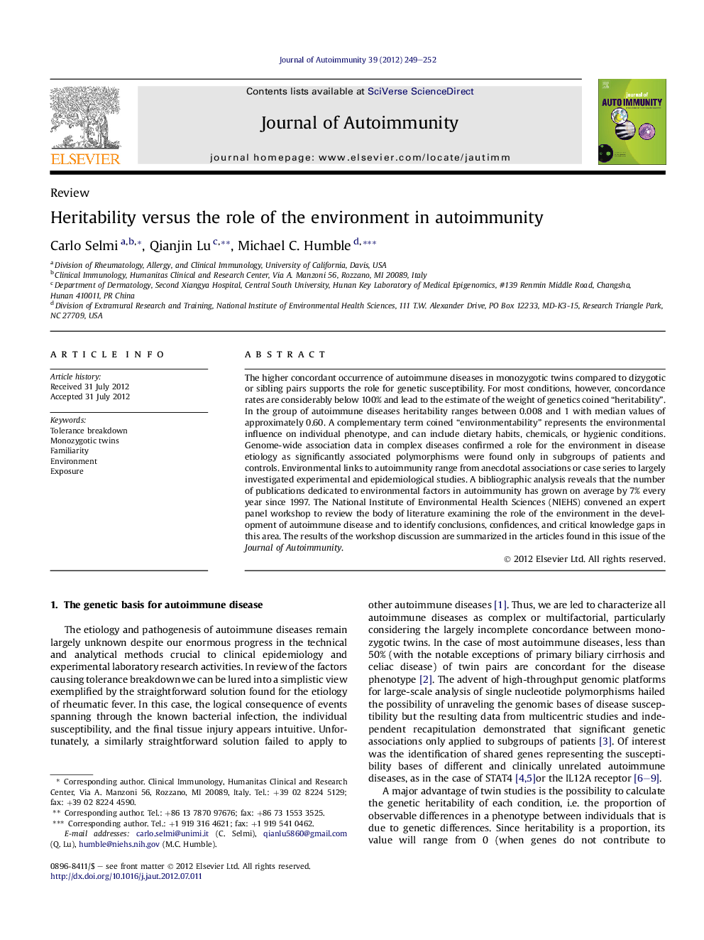 Heritability versus the role of the environment in autoimmunity