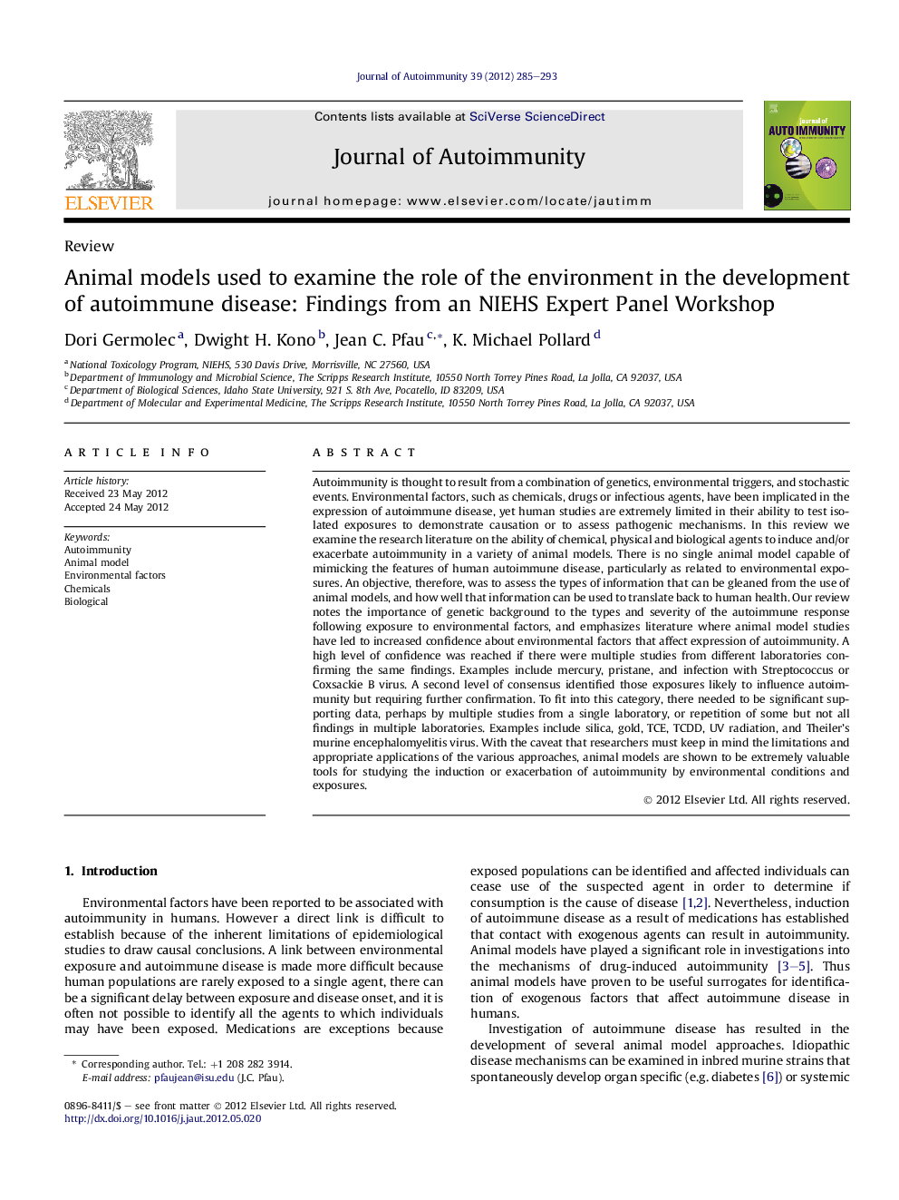 Animal models used to examine the role of the environment in the development of autoimmune disease: Findings from an NIEHS Expert Panel Workshop