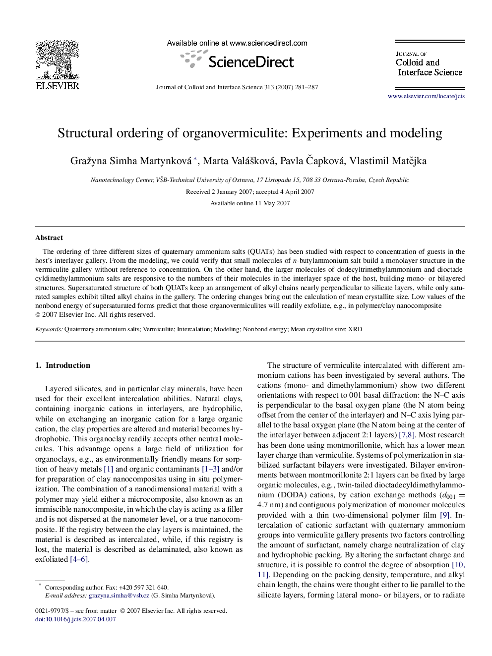 عکس صفحه اول مقاله: Structural ordering of organovermiculite: Experiments and modeling Structural ordering of organovermiculite: Experiments and modeling