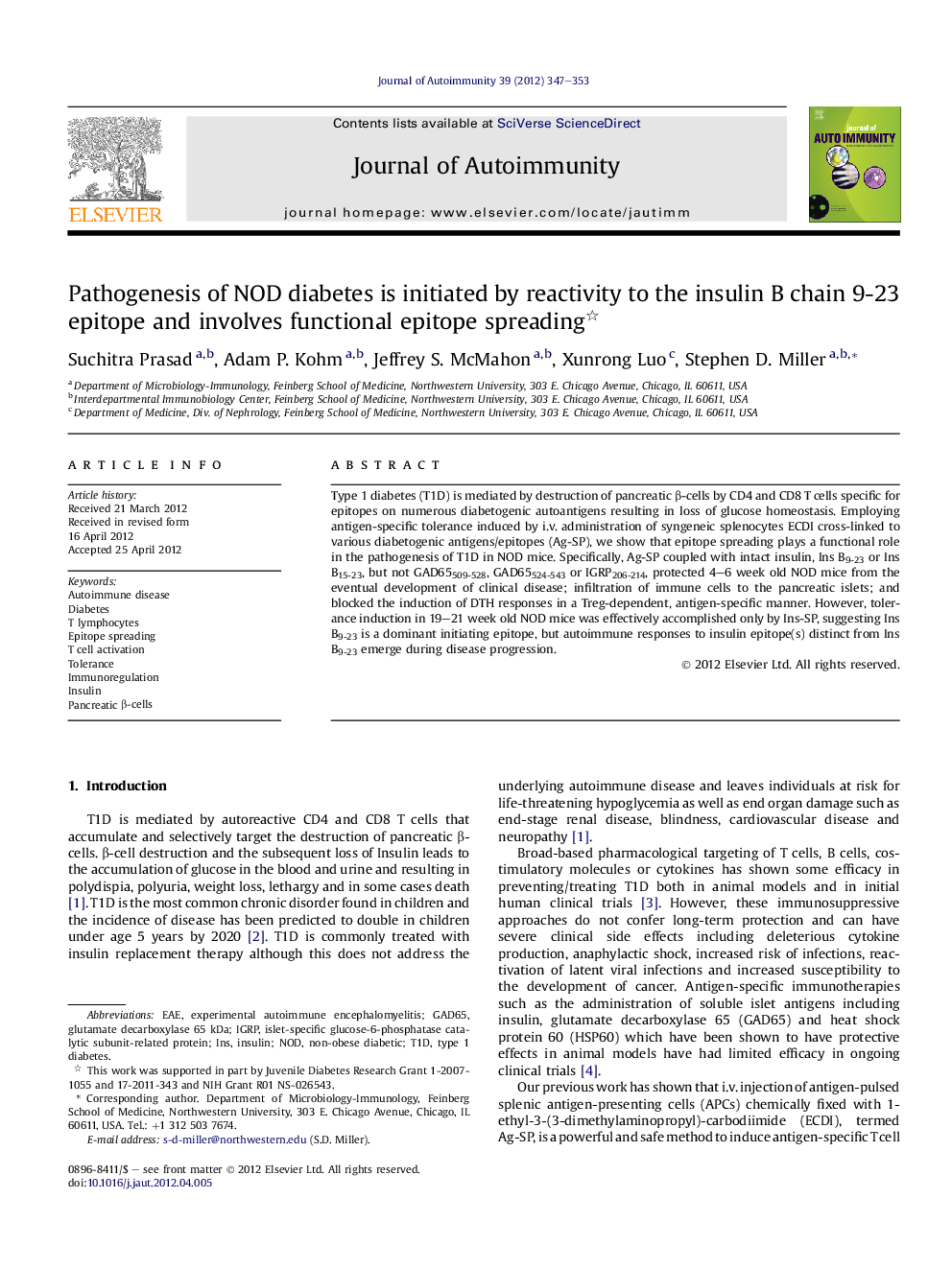 Pathogenesis of NOD diabetes is initiated by reactivity to the insulin B chain 9-23 epitope and involves functional epitope spreading