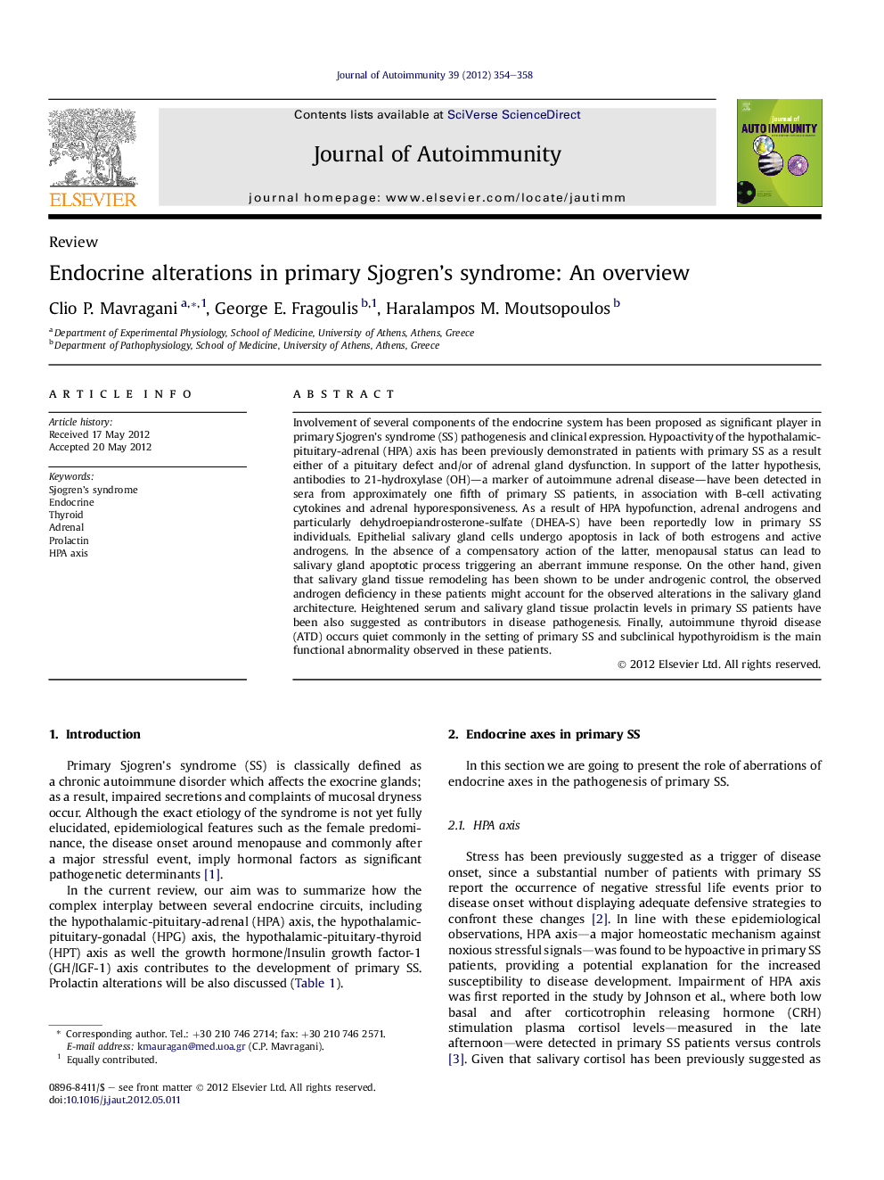 Endocrine alterations in primary Sjogren's syndrome: An overview