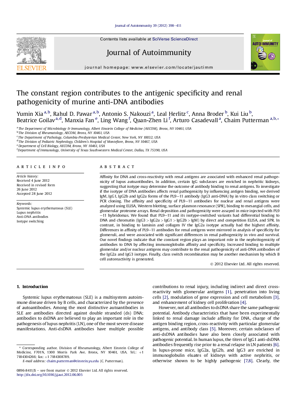 The constant region contributes to the antigenic specificity and renal pathogenicity of murine anti-DNA antibodies