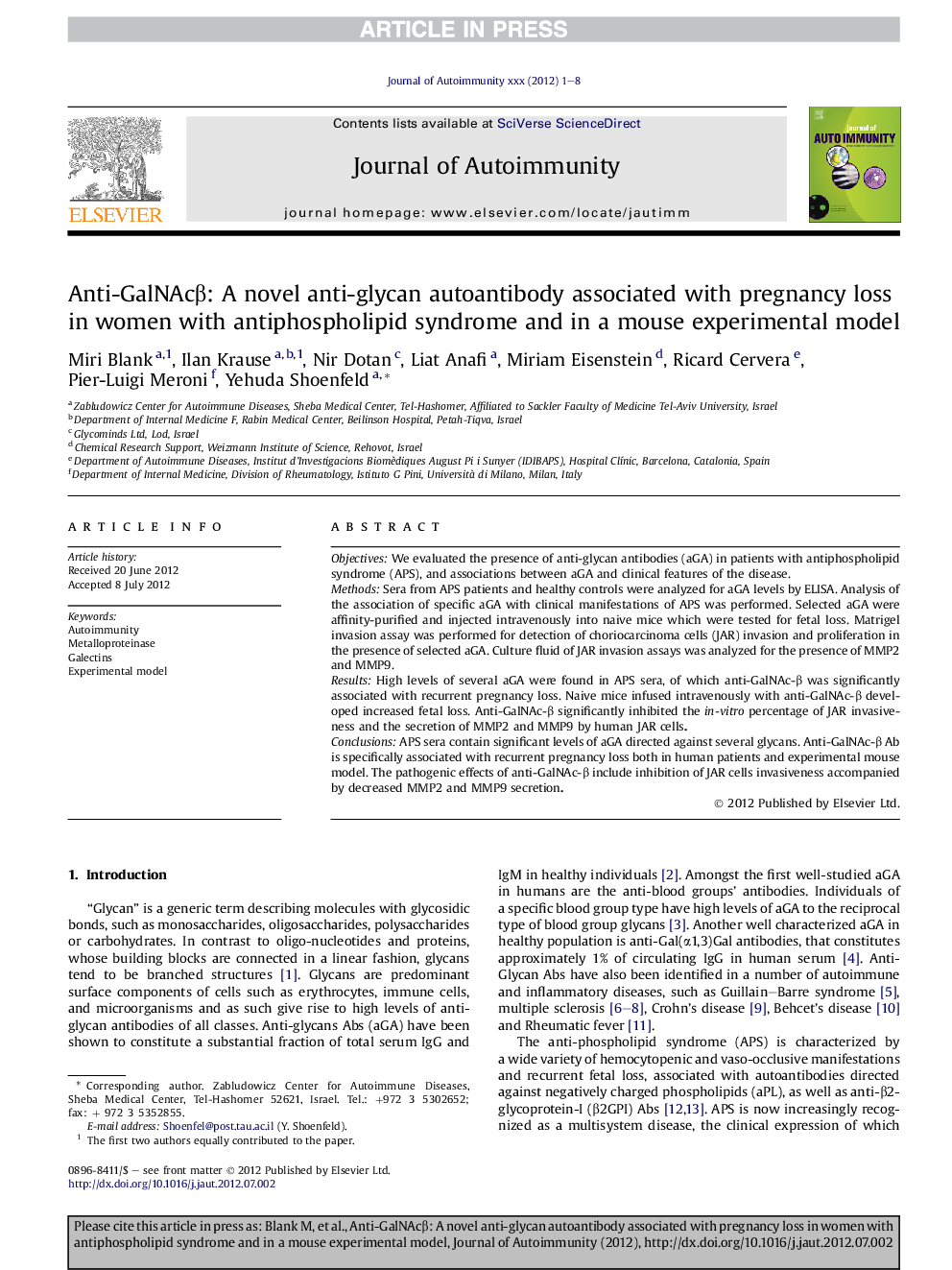 Anti-GalNAcÎ²: A novel anti-glycan autoantibody associated with pregnancy loss in women with antiphospholipid syndrome and in a mouse experimental model