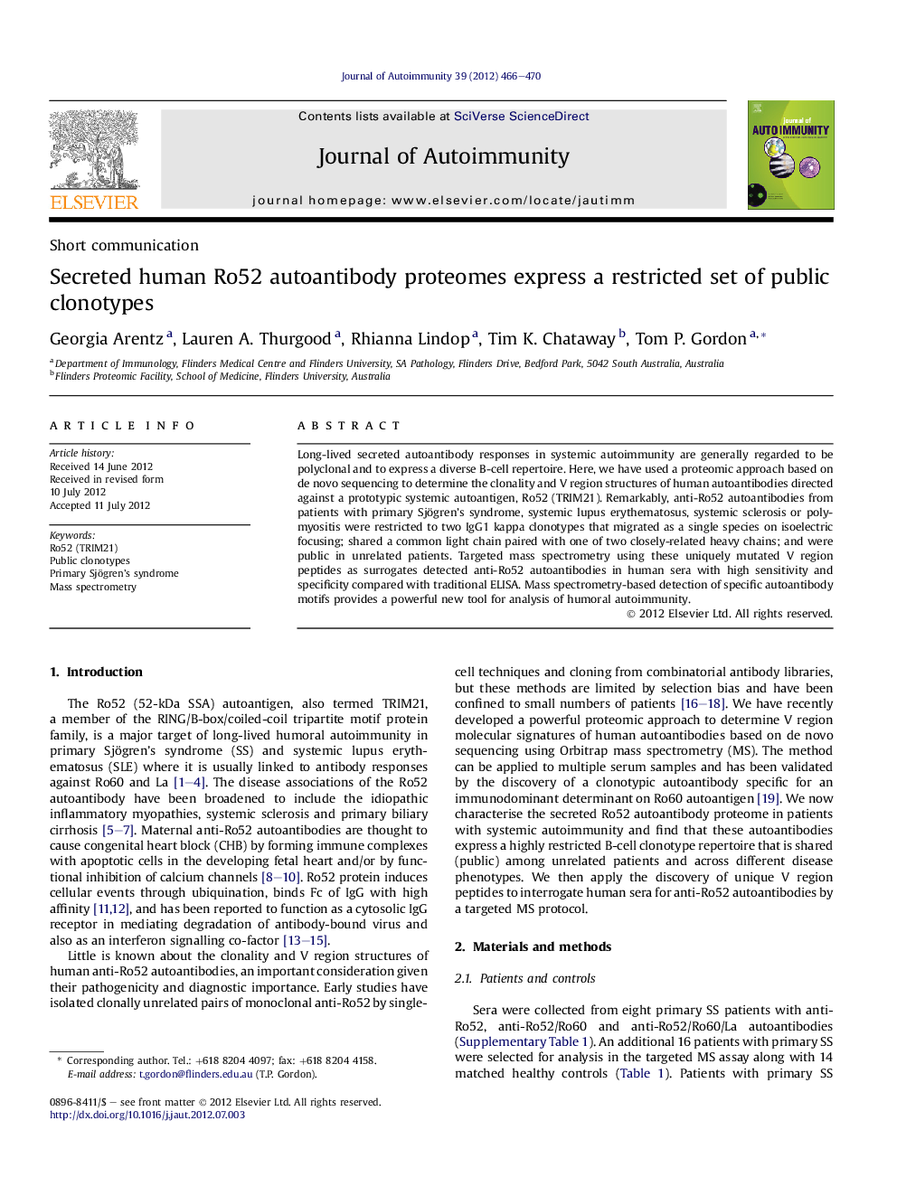 Secreted human Ro52 autoantibody proteomes express a restricted set of public clonotypes