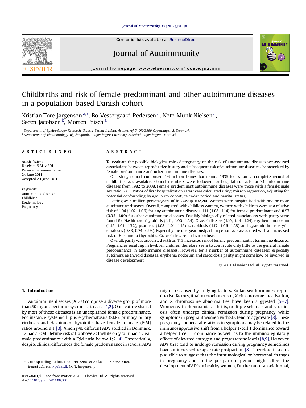 Childbirths and risk of female predominant and other autoimmune diseases in a population-based Danish cohort