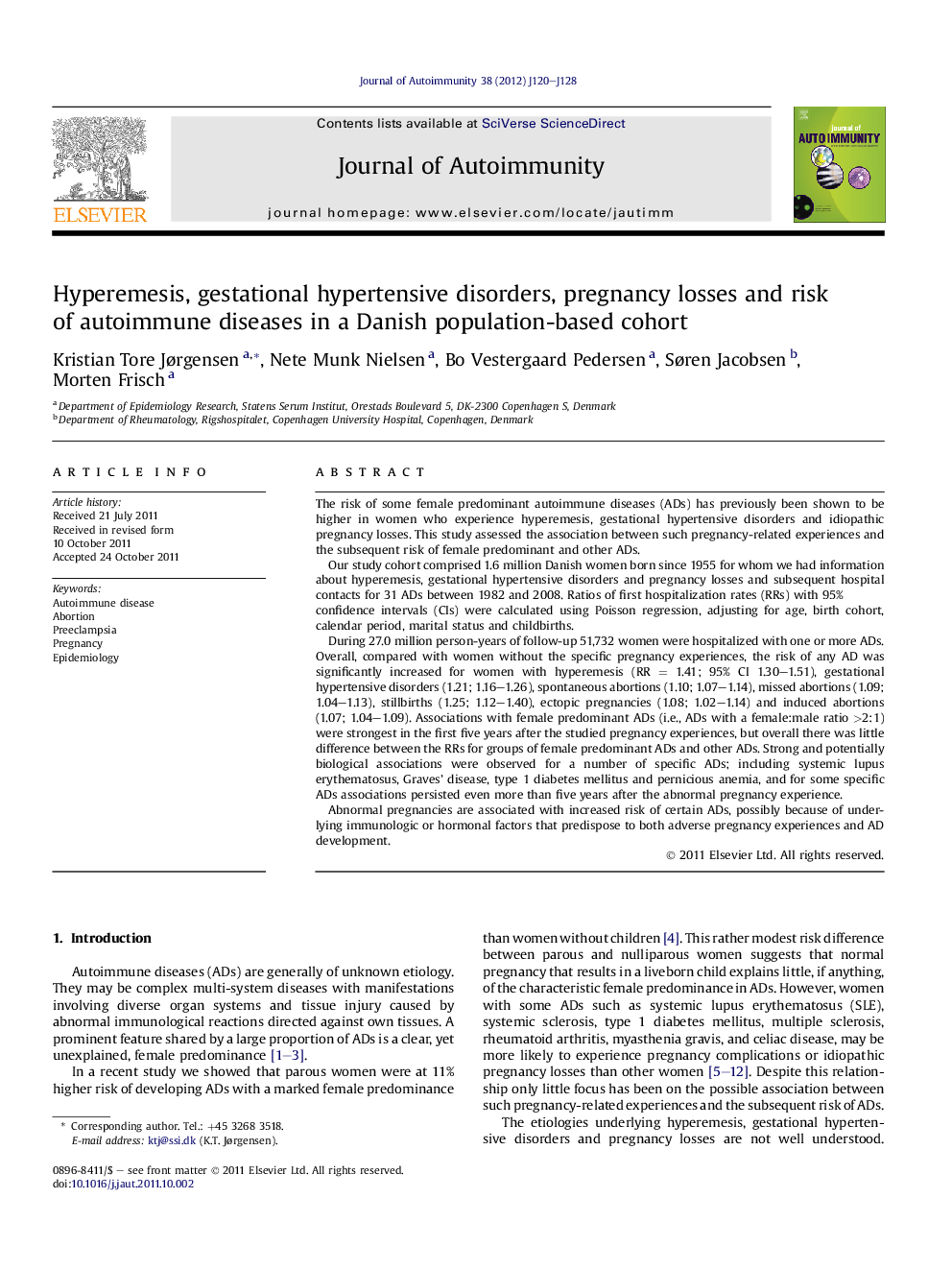 Hyperemesis, gestational hypertensive disorders, pregnancy losses and risk of autoimmune diseases in a Danish population-based cohort