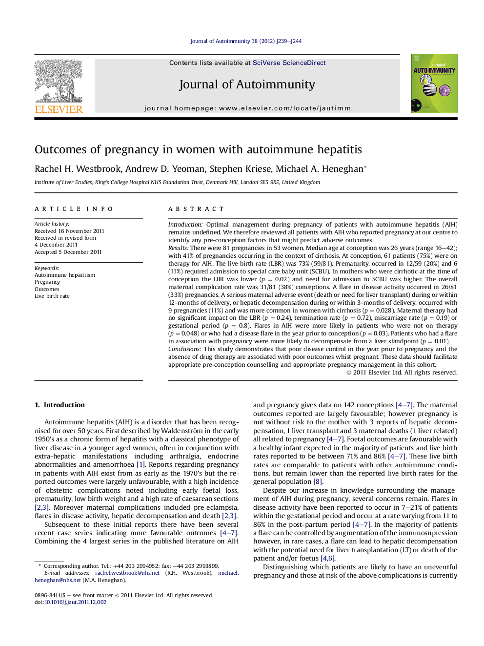 Outcomes of pregnancy in women with autoimmune hepatitis