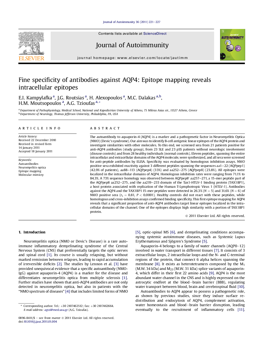 Fine specificity of antibodies against AQP4: Epitope mapping reveals intracellular epitopes