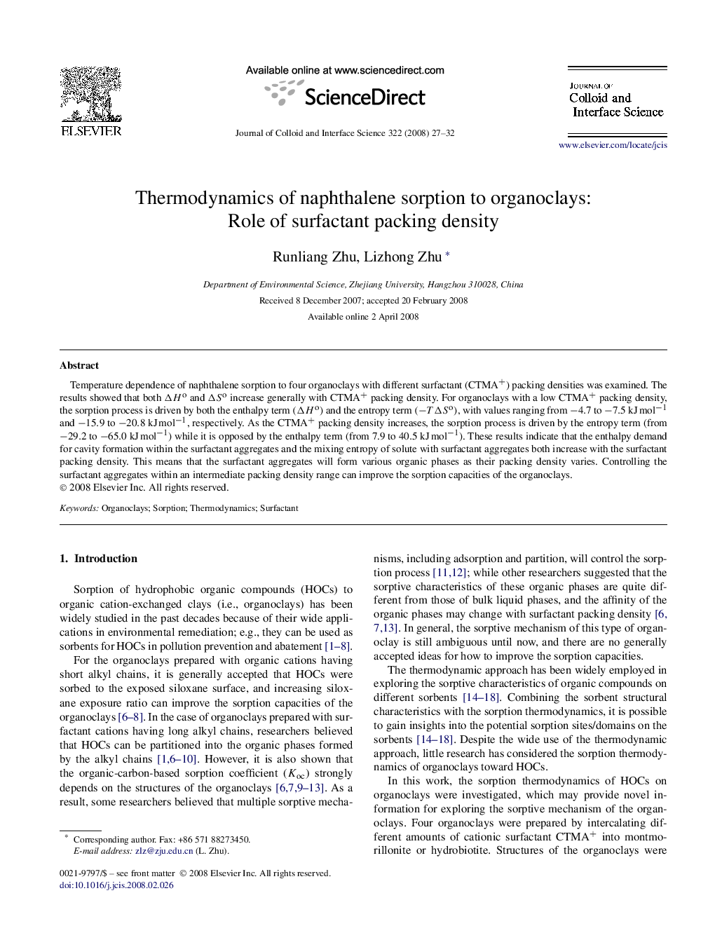 Thermodynamics of naphthalene sorption to organoclays: Role of surfactant packing density