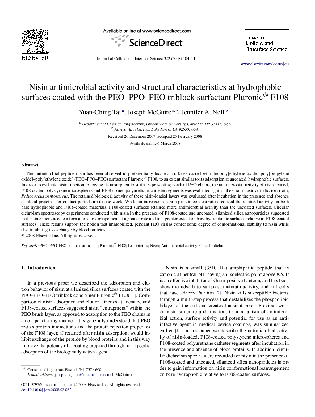 Nisin antimicrobial activity and structural characteristics at hydrophobic surfaces coated with the PEO–PPO–PEO triblock surfactant Pluronic® F108