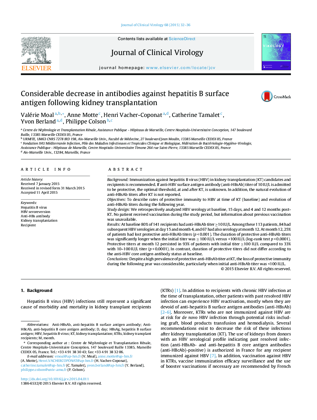 Considerable decrease in antibodies against hepatitis B surface antigen following kidney transplantation