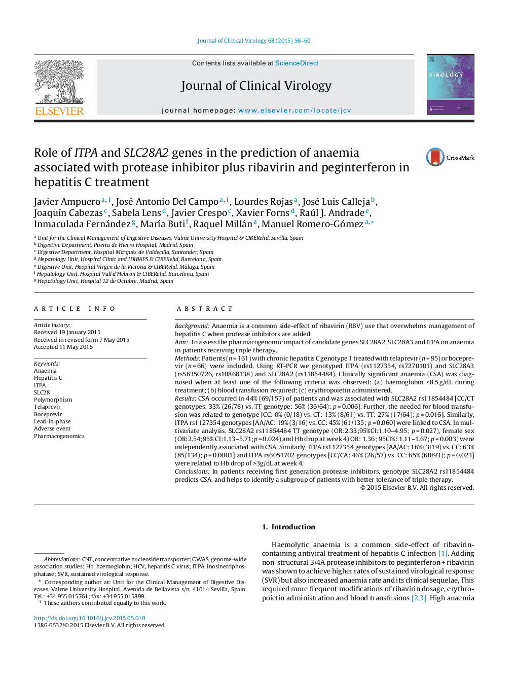 Role of ITPA and SLC28A2 genes in the prediction of anaemia associated with protease inhibitor plus ribavirin and peginterferon in hepatitis C treatment