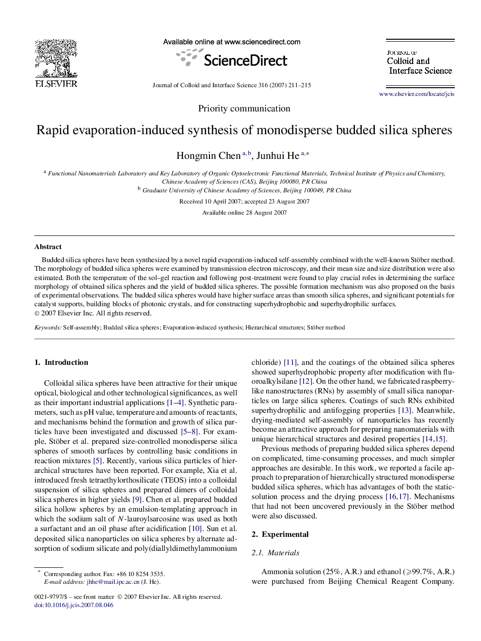 Rapid evaporation-induced synthesis of monodisperse budded silica spheres