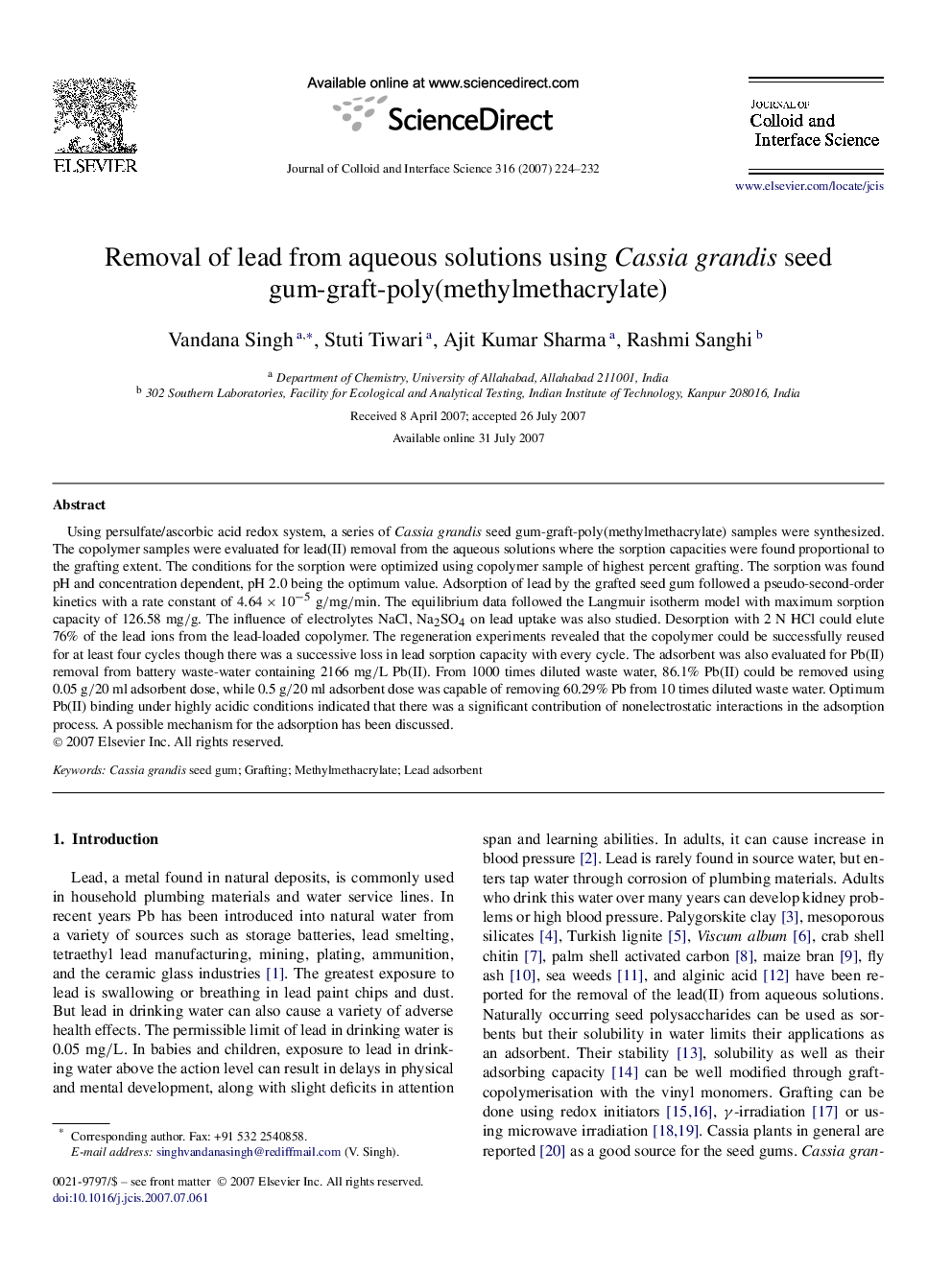 Removal of lead from aqueous solutions using Cassia grandis seed gum-graft-poly(methylmethacrylate)