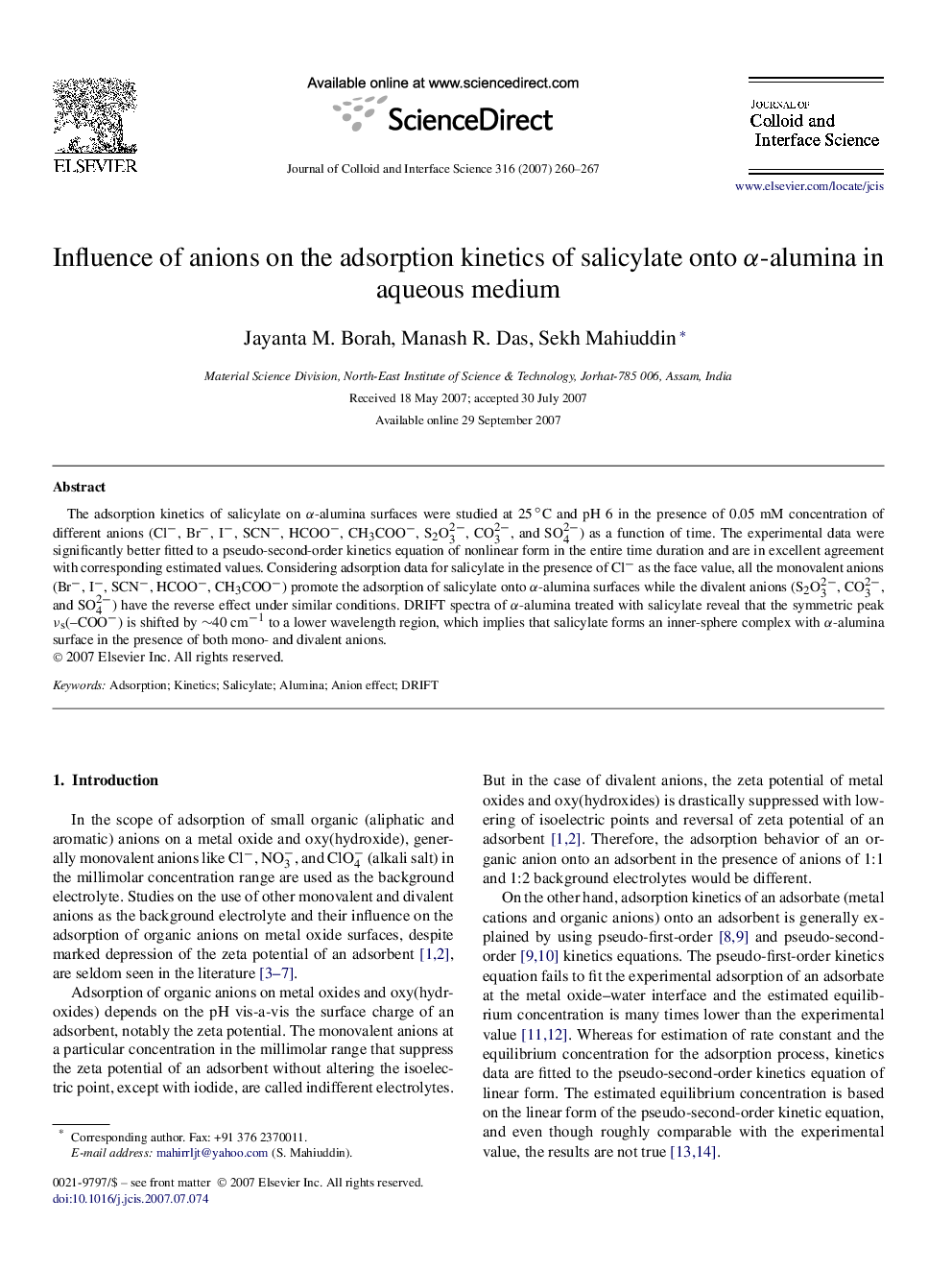 Influence of anions on the adsorption kinetics of salicylate onto α-alumina in aqueous medium