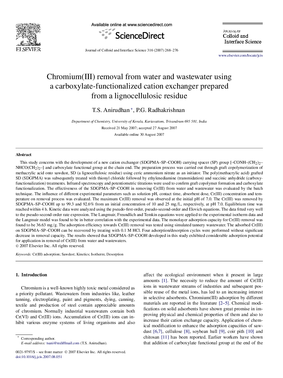 Chromium(III) removal from water and wastewater using a carboxylate-functionalized cation exchanger prepared from a lignocellulosic residue