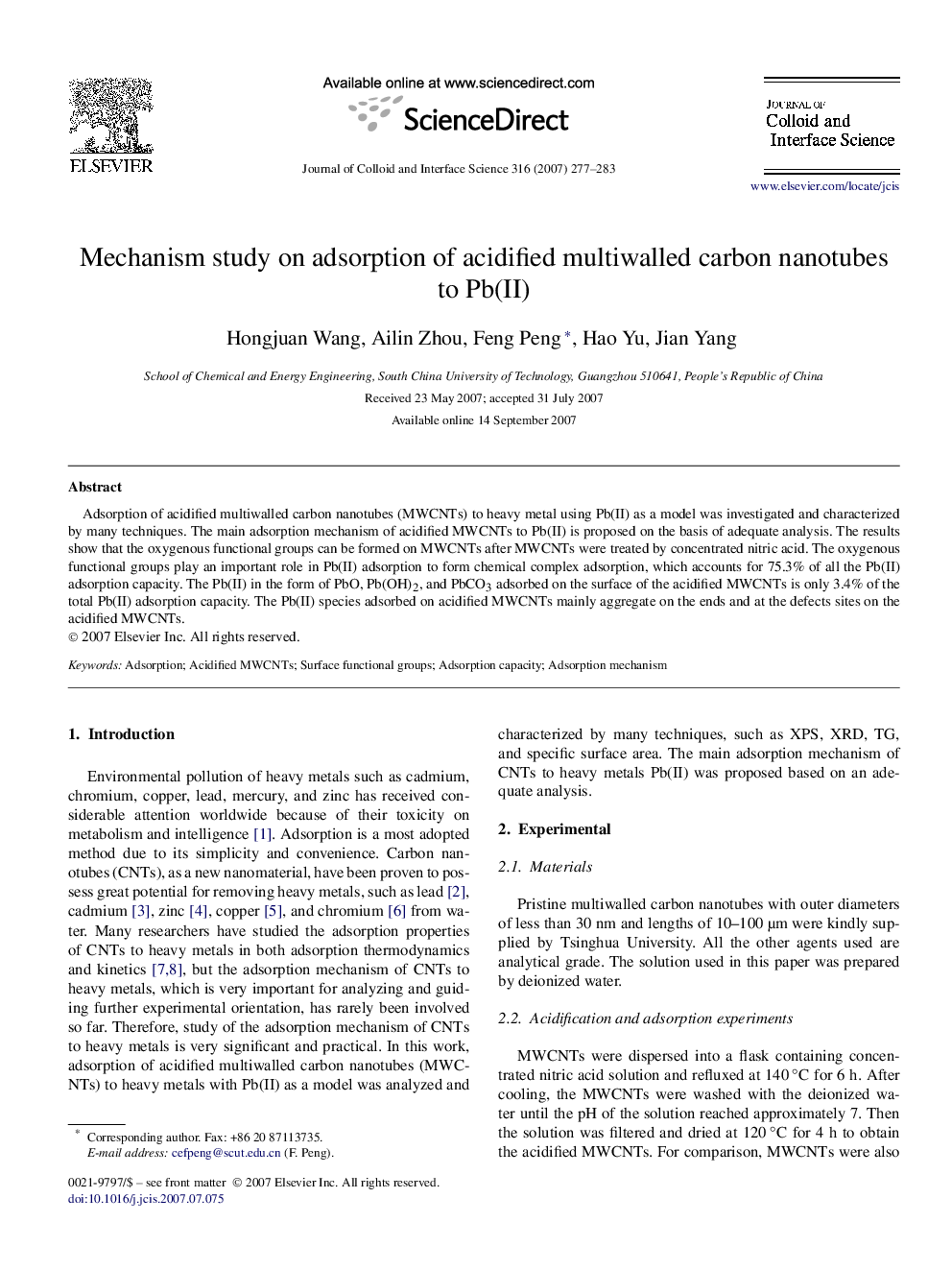 Mechanism study on adsorption of acidified multiwalled carbon nanotubes to Pb(II)