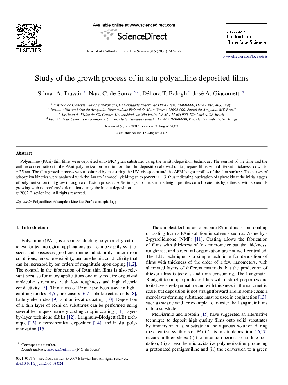 Study of the growth process of in situ polyaniline deposited films