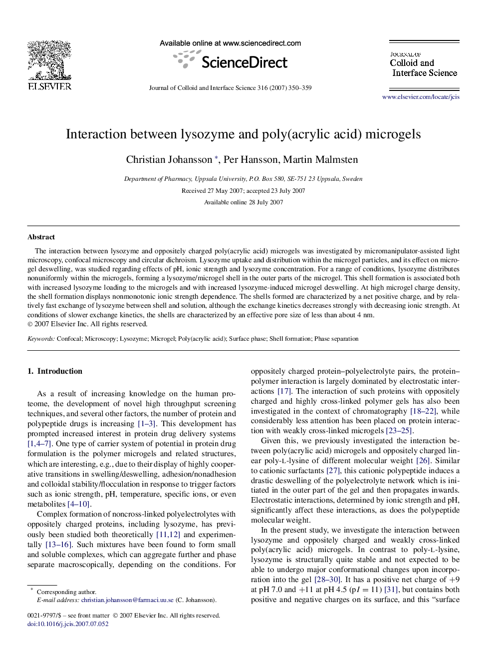 Interaction between lysozyme and poly(acrylic acid) microgels