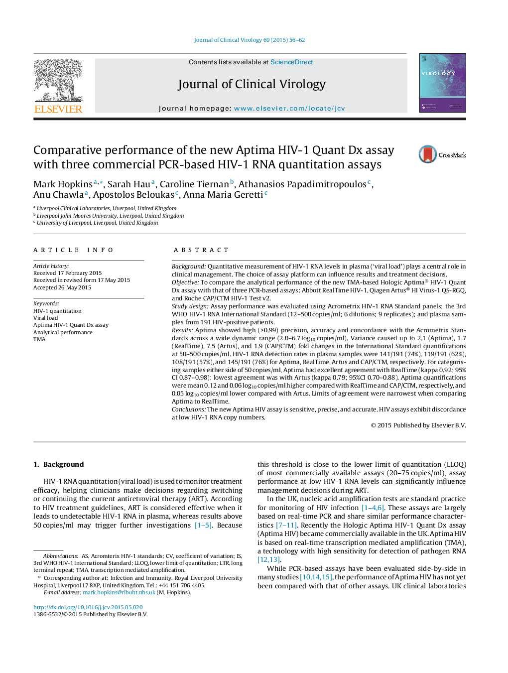 Comparative performance of the new Aptima HIV-1 Quant Dx assay with three commercial PCR-based HIV-1 RNA quantitation assays