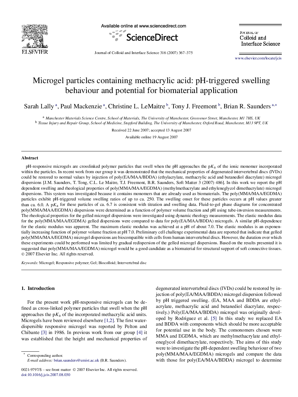 Microgel particles containing methacrylic acid: pH-triggered swelling behaviour and potential for biomaterial application