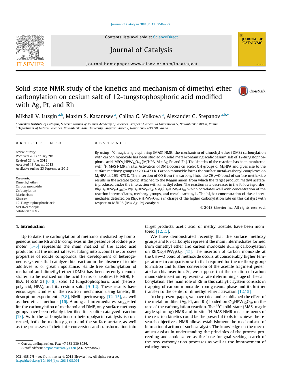 Solid-state NMR study of the kinetics and mechanism of dimethyl ether carbonylation on cesium salt of 12-tungstophosphoric acid modified with Ag, Pt, and Rh