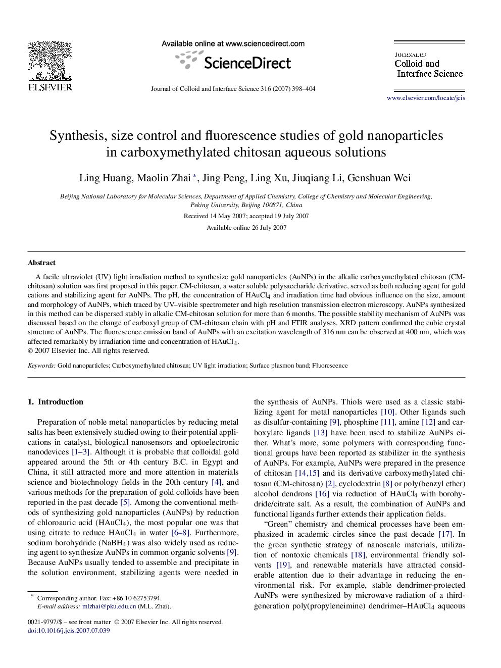 Synthesis, size control and fluorescence studies of gold nanoparticles in carboxymethylated chitosan aqueous solutions