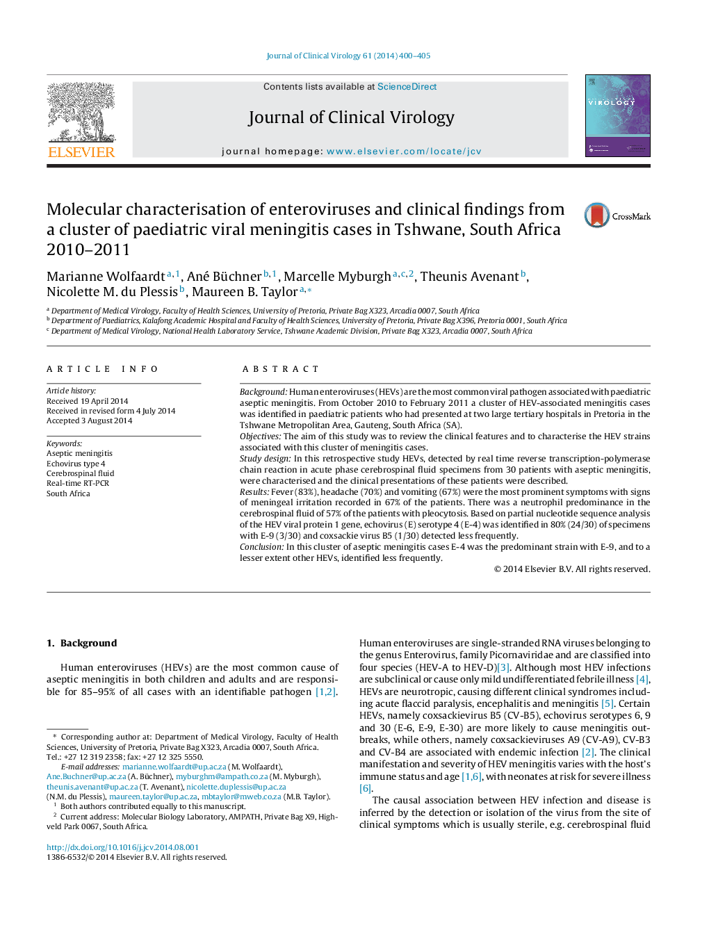 Molecular characterisation of enteroviruses and clinical findings from a cluster of paediatric viral meningitis cases in Tshwane, South Africa 2010-2011