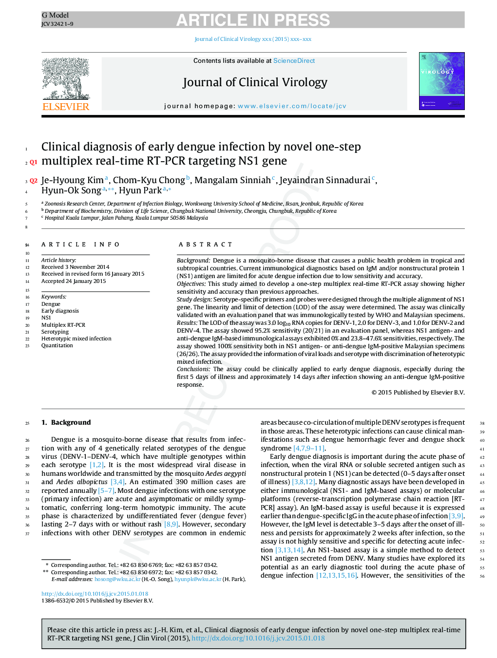 Clinical diagnosis of early dengue infection by novel one-step multiplex real-time RT-PCR targeting NS1 gene