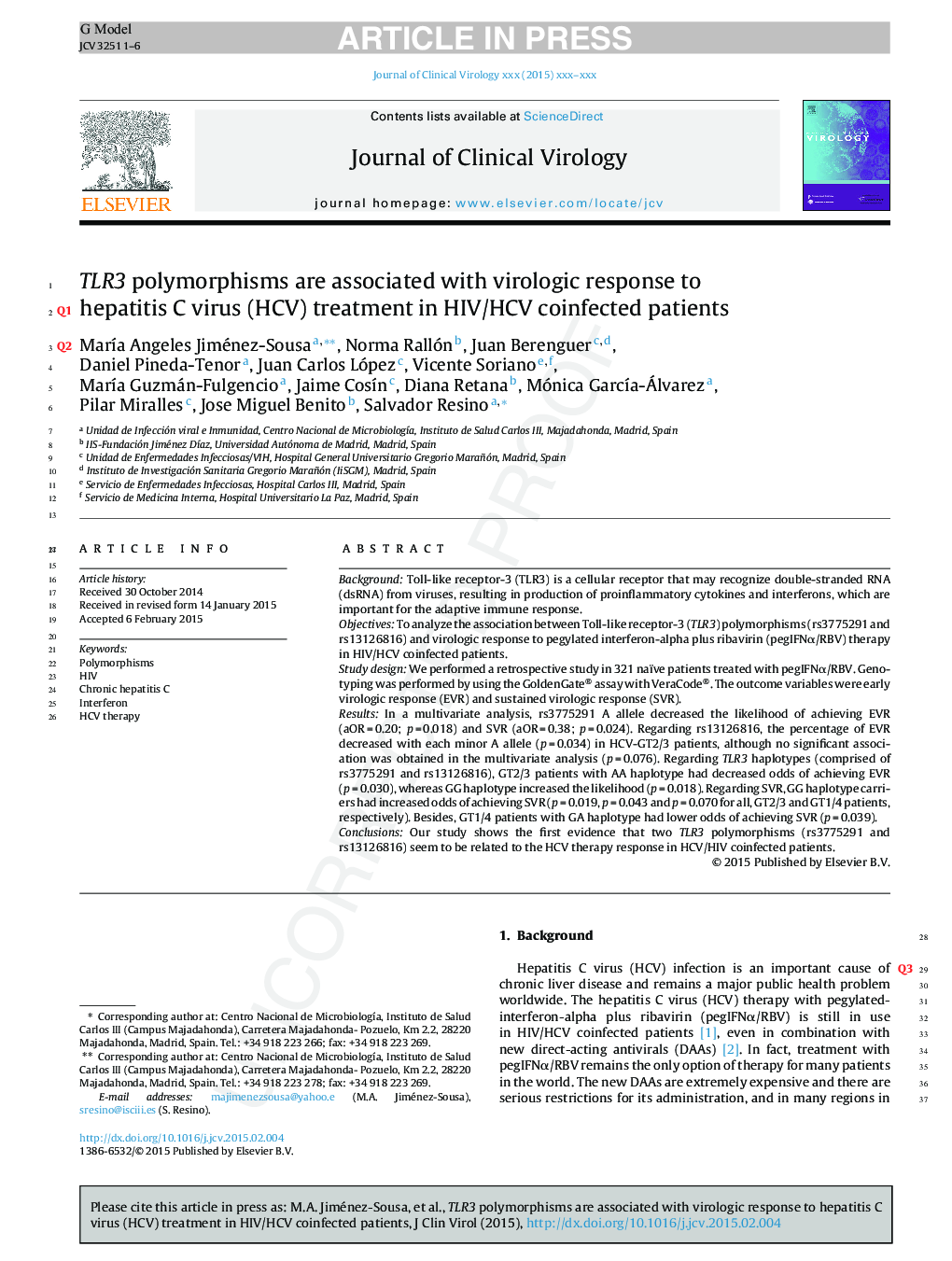 TLR3 polymorphisms are associated with virologic response to hepatitis C virus (HCV) treatment in HIV/HCV coinfected patients