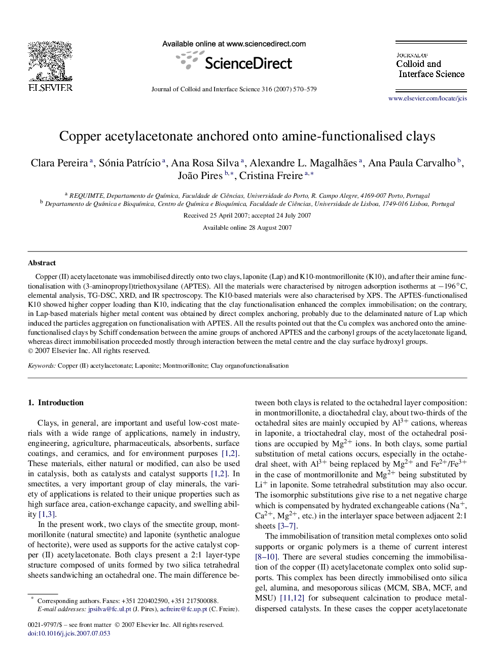 Copper acetylacetonate anchored onto amine-functionalised clays