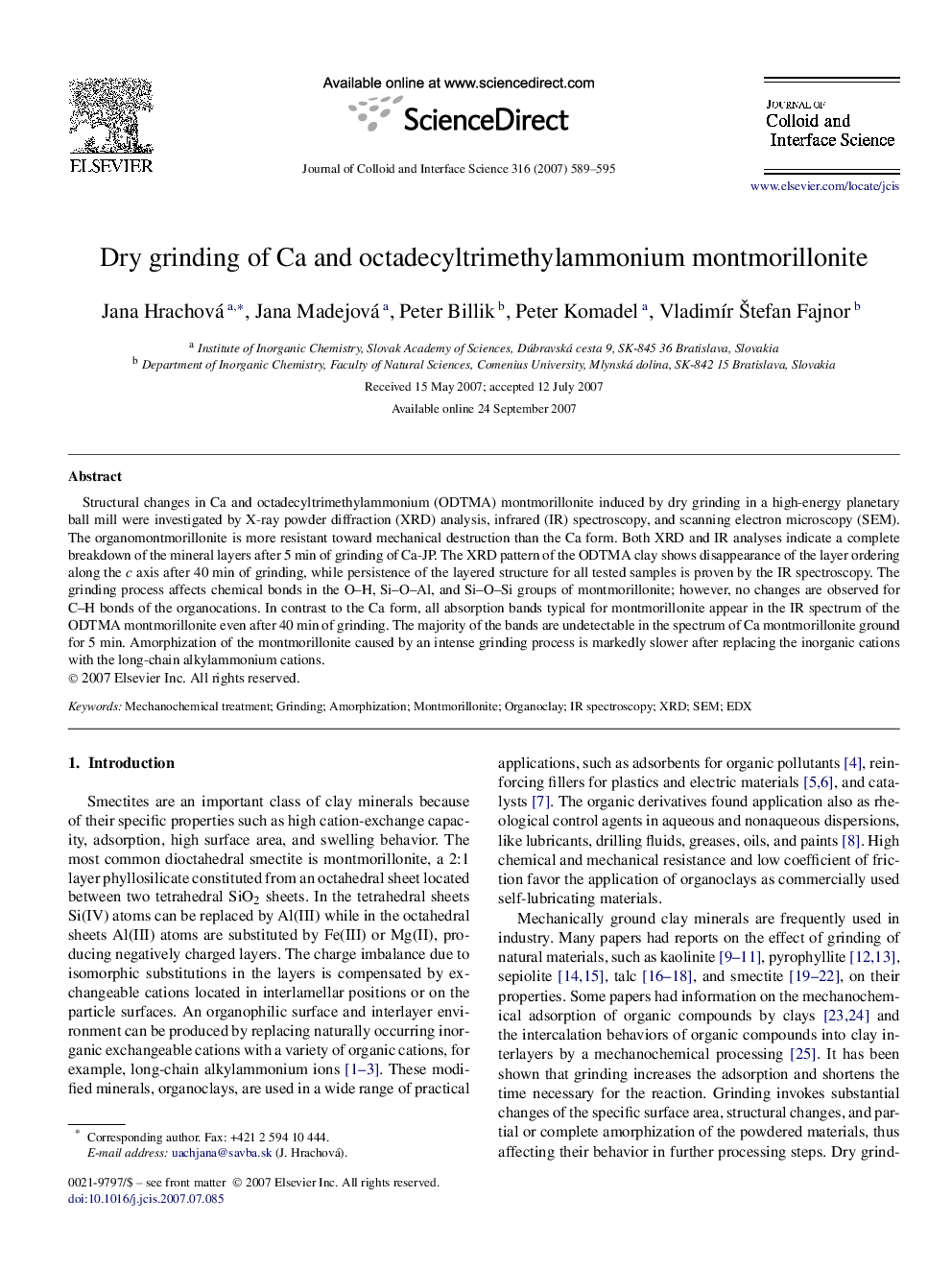 Dry grinding of Ca and octadecyltrimethylammonium montmorillonite