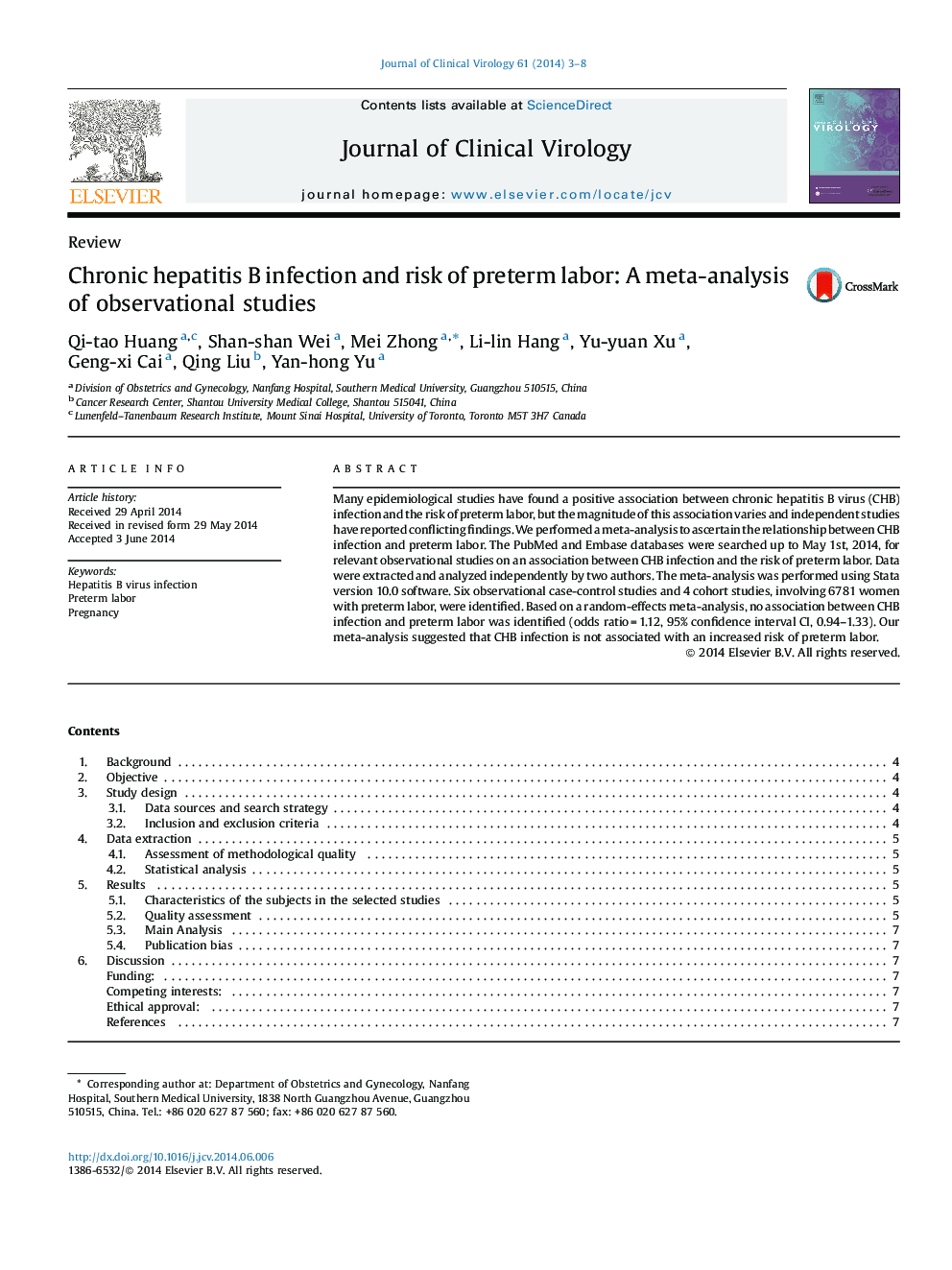 Chronic hepatitis B infection and risk of preterm labor: A meta-analysis of observational studies