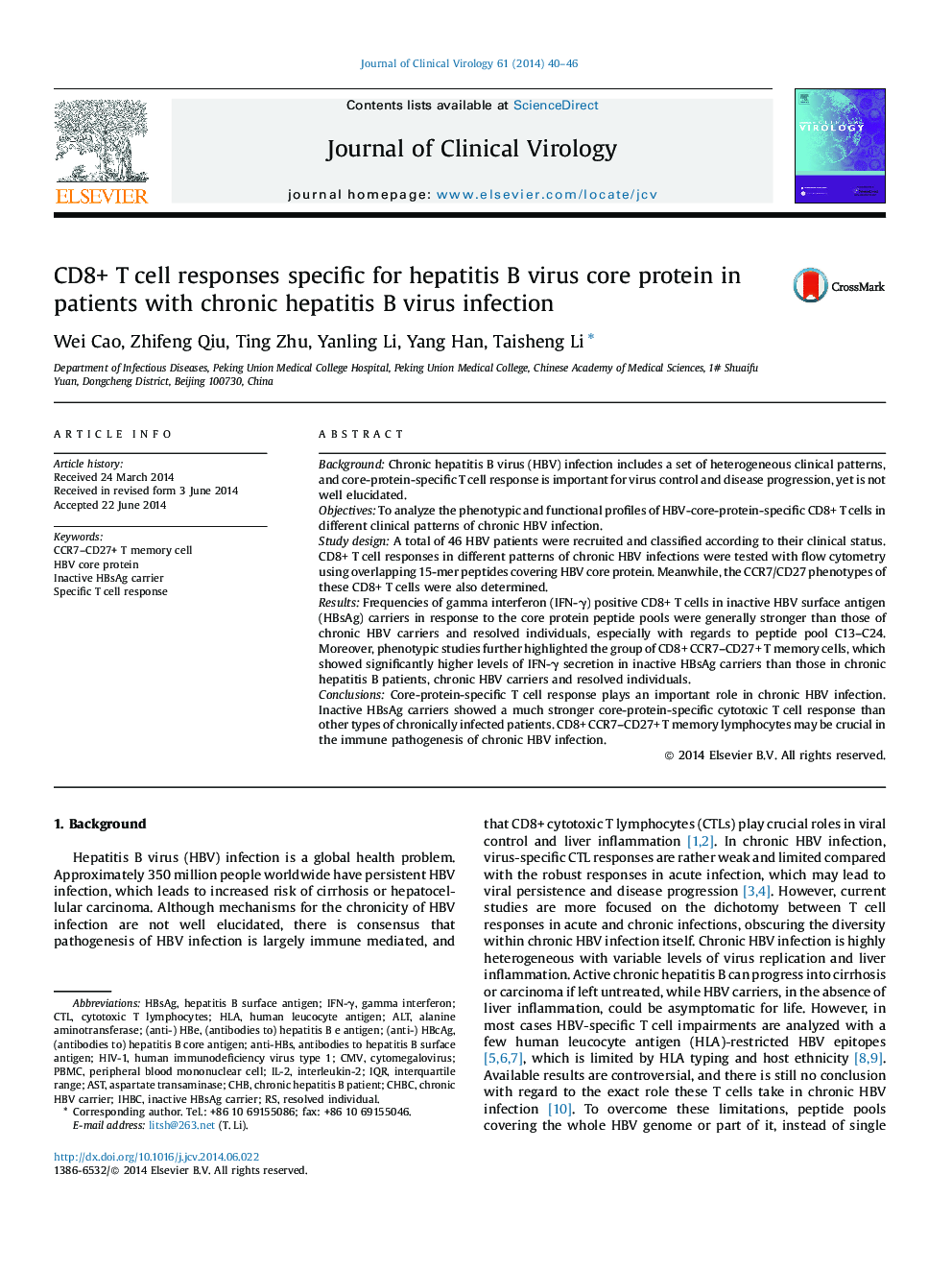 CD8+ T cell responses specific for hepatitis B virus core protein in patients with chronic hepatitis B virus infection