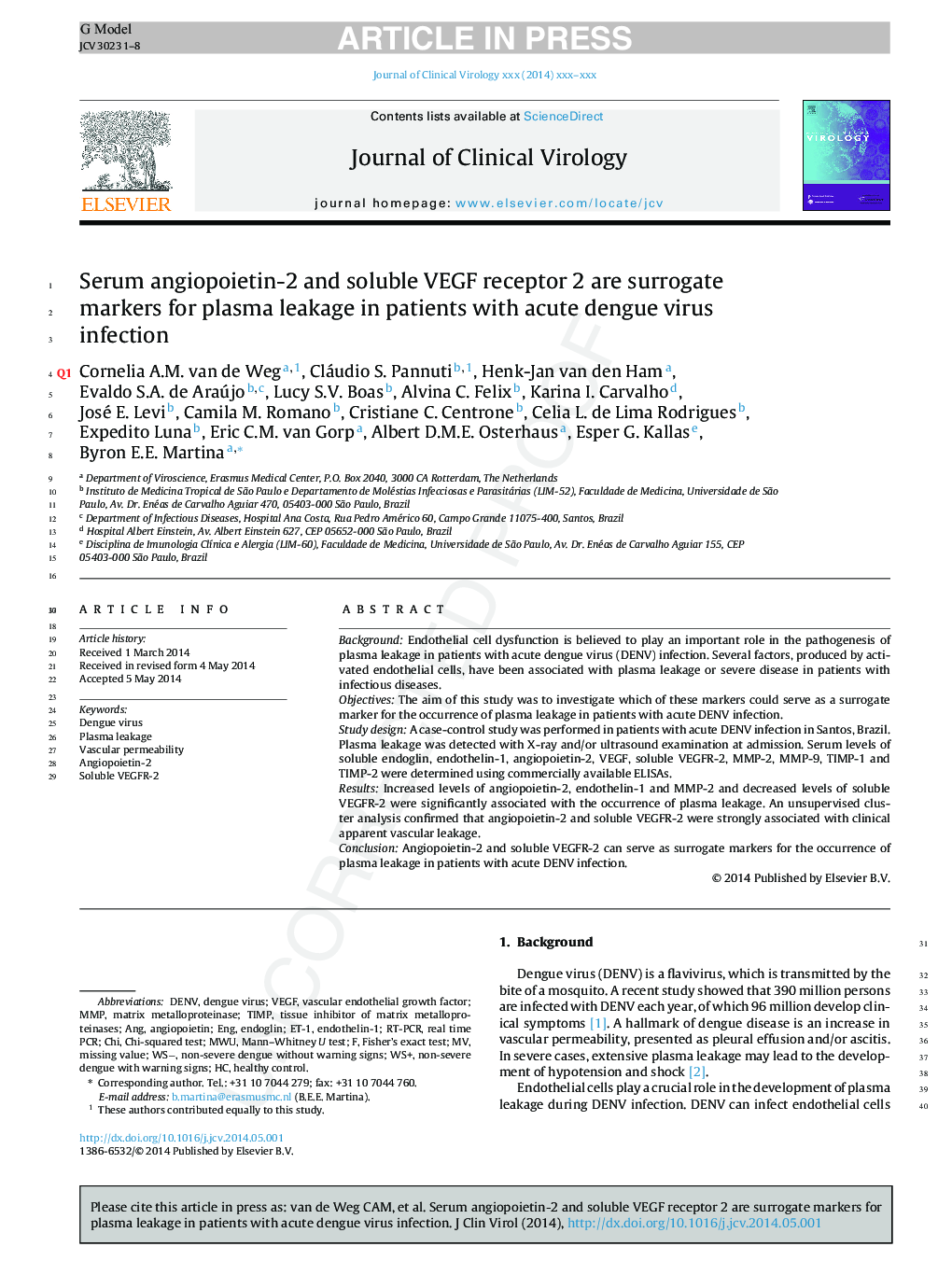 Serum angiopoietin-2 and soluble VEGF receptor 2 are surrogate markers for plasma leakage in patients with acute dengue virus infection