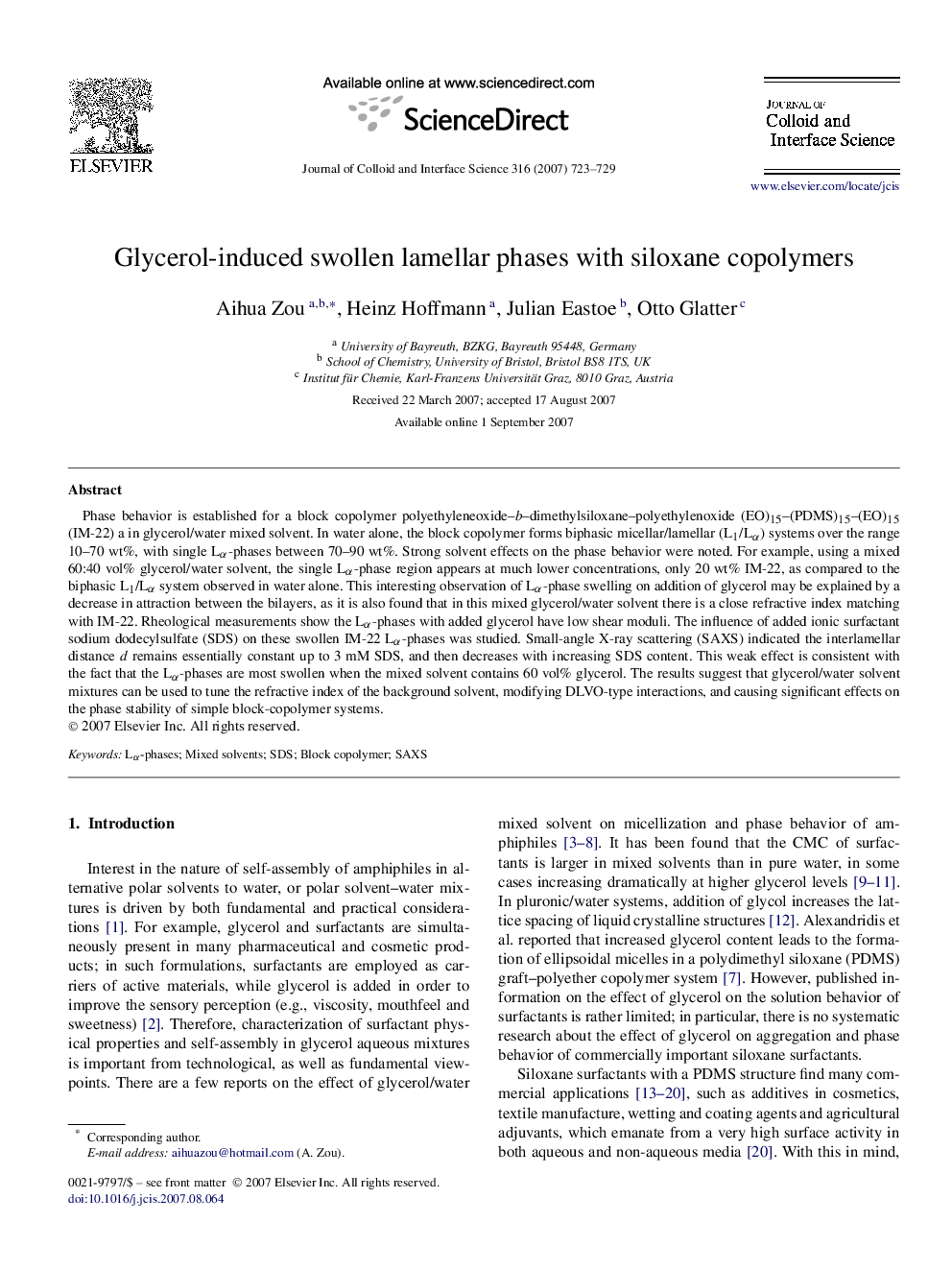 Glycerol-induced swollen lamellar phases with siloxane copolymers