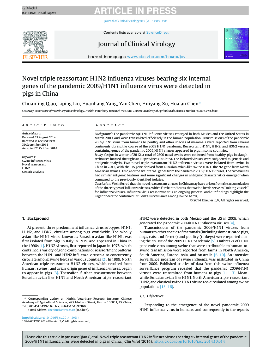 Novel triple reassortant H1N2 influenza viruses bearing six internal genes of the pandemic 2009/H1N1 influenza virus were detected in pigs in China