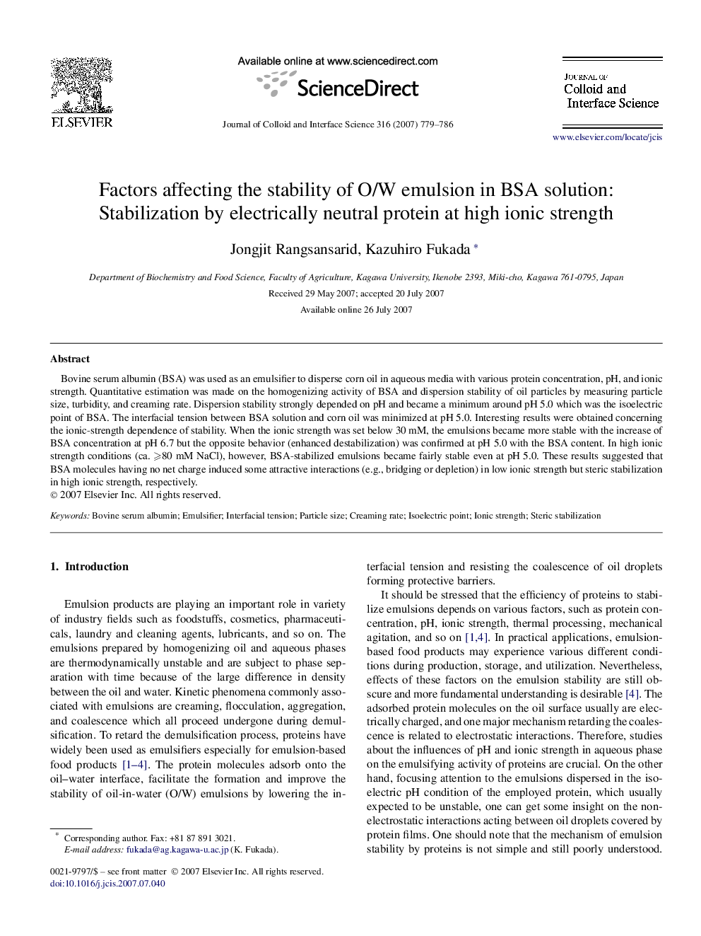 Factors affecting the stability of O/W emulsion in BSA solution: Stabilization by electrically neutral protein at high ionic strength