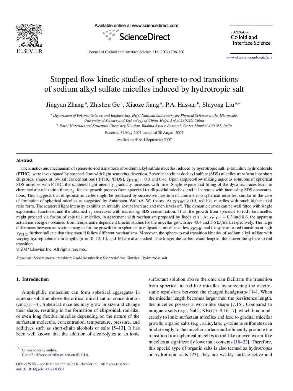 Stopped-flow kinetic studies of sphere-to-rod transitions of sodium alkyl sulfate micelles induced by hydrotropic salt