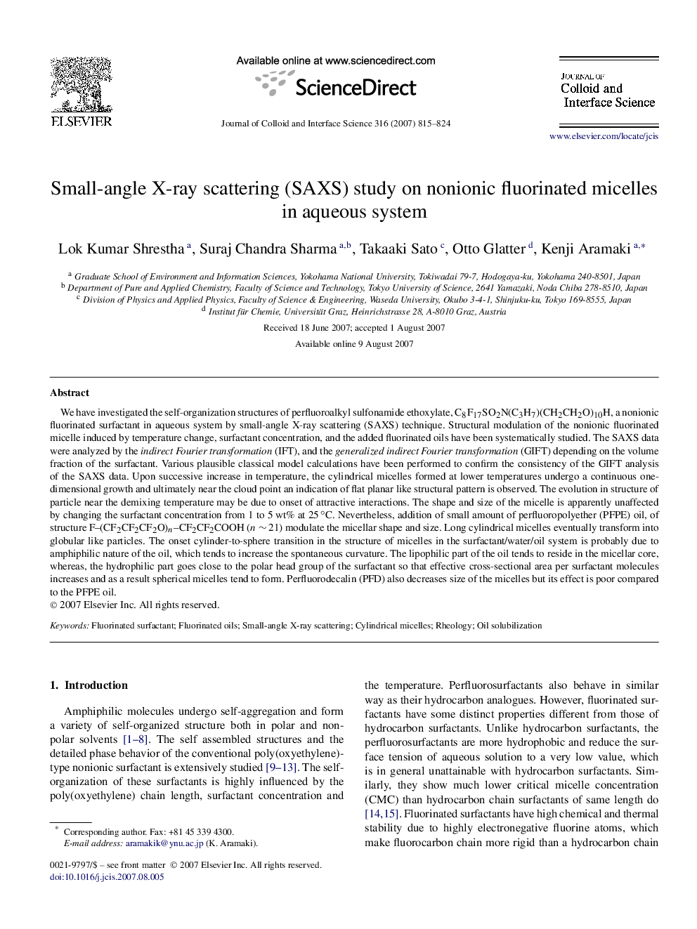 Small-angle X-ray scattering (SAXS) study on nonionic fluorinated micelles in aqueous system