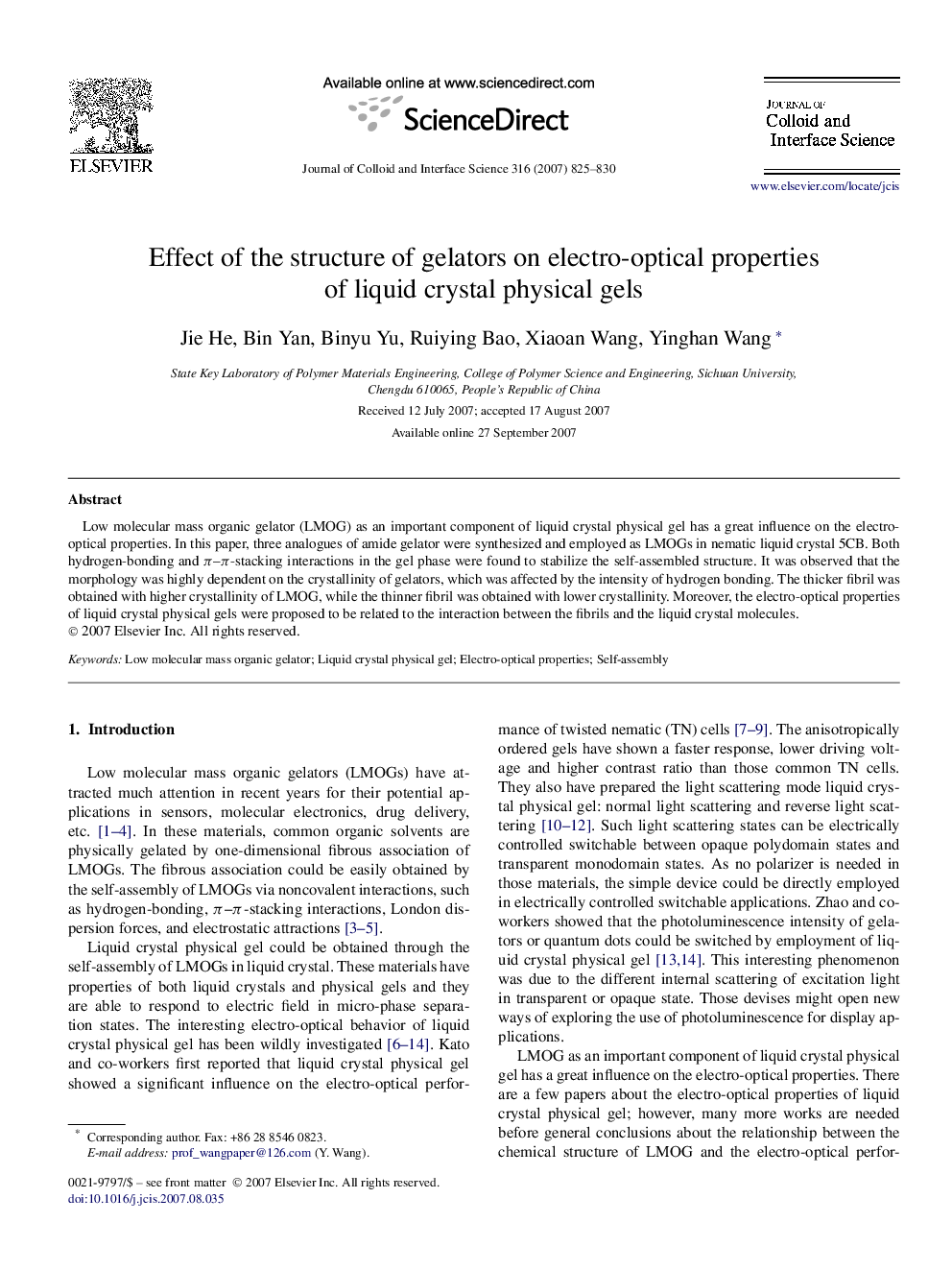 Effect of the structure of gelators on electro-optical properties of liquid crystal physical gels