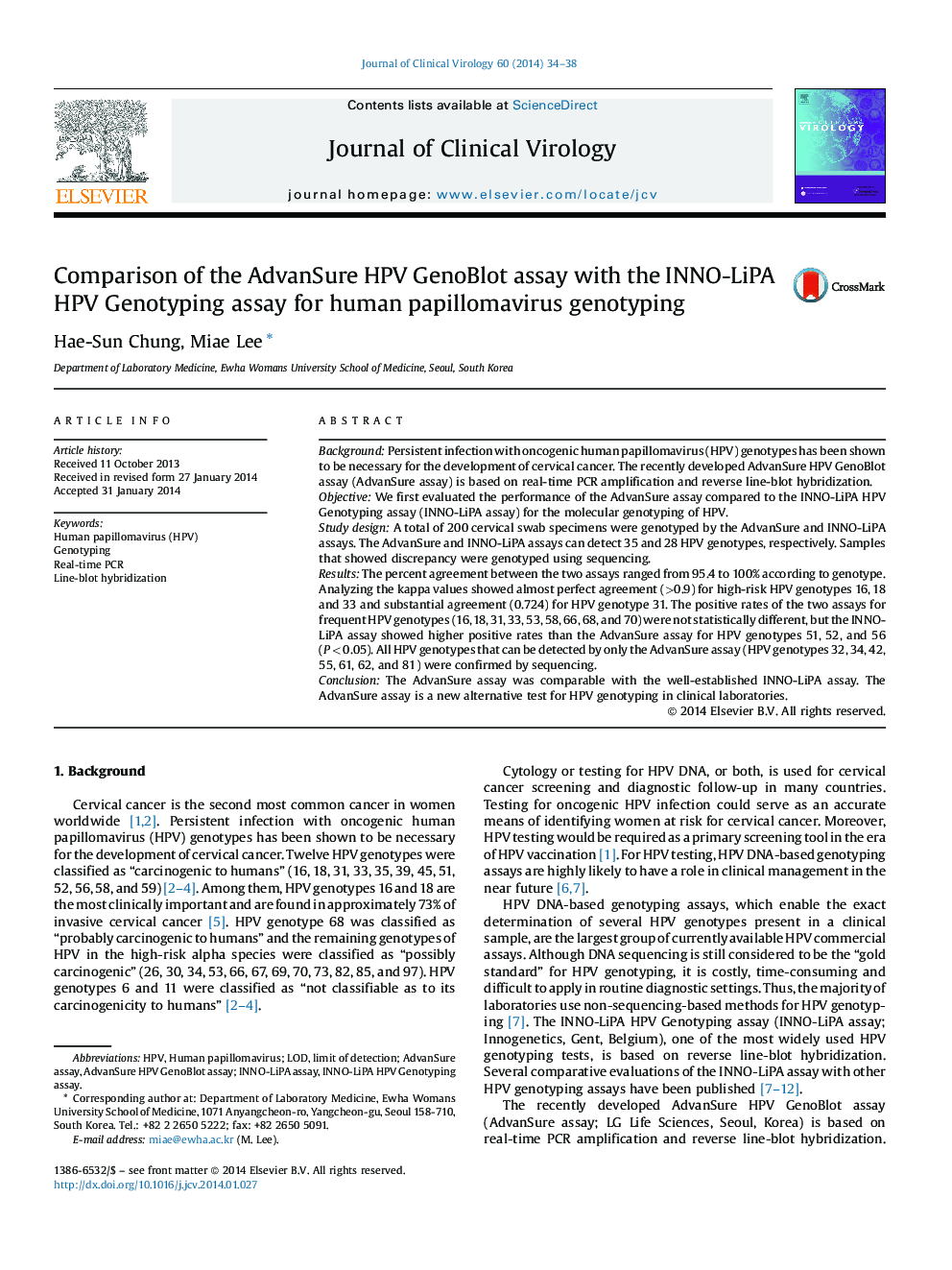 Comparison of the AdvanSure HPV GenoBlot assay with the INNO-LiPA HPV Genotyping assay for human papillomavirus genotyping