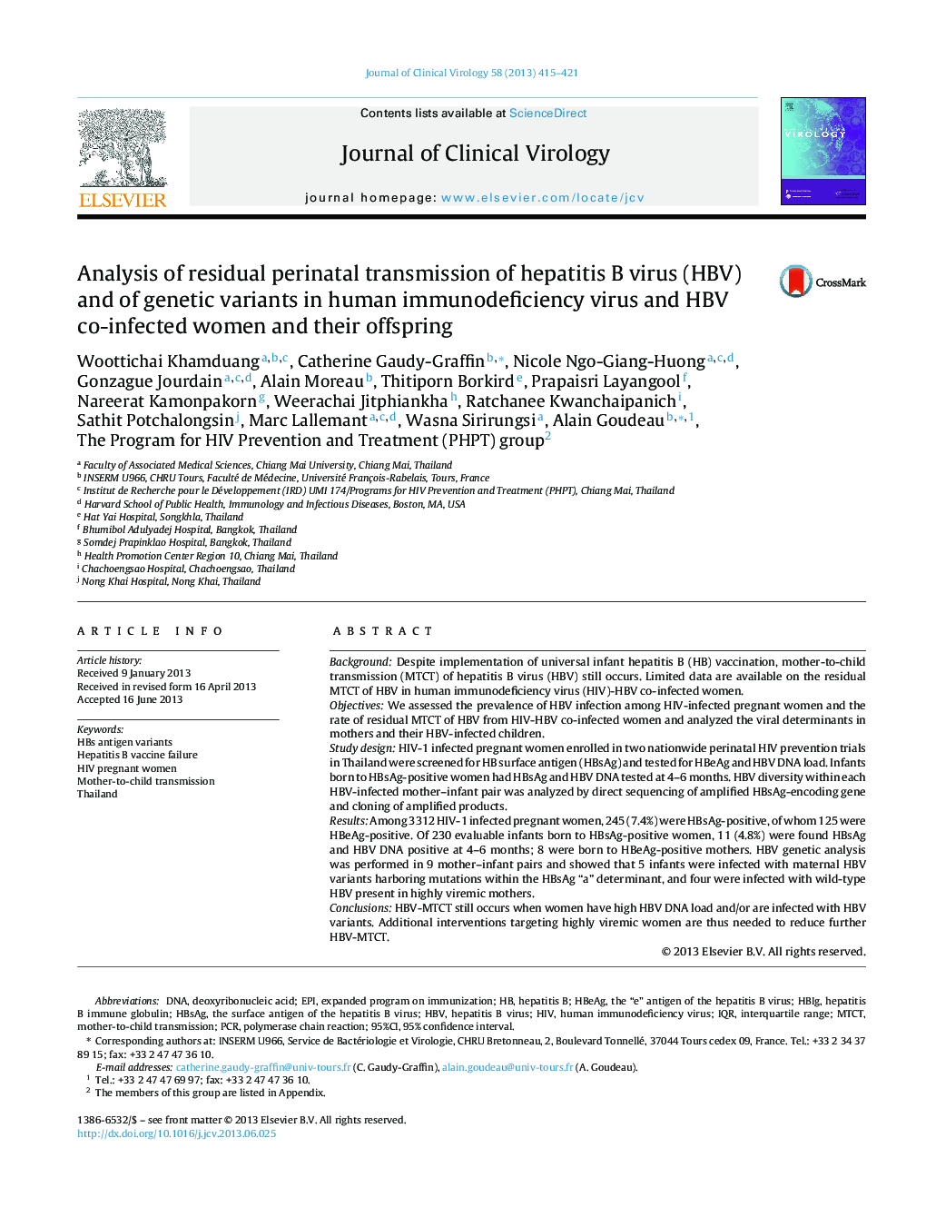 Analysis of residual perinatal transmission of hepatitis B virus (HBV) and of genetic variants in human immunodeficiency virus and HBV co-infected women and their offspring