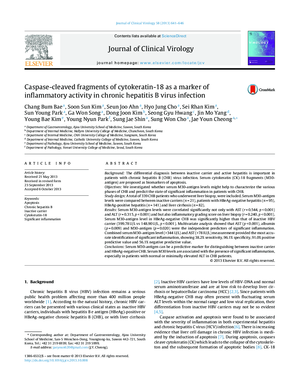 Caspase-cleaved fragments of cytokeratin-18 as a marker of inflammatory activity in chronic hepatitis B virus infection