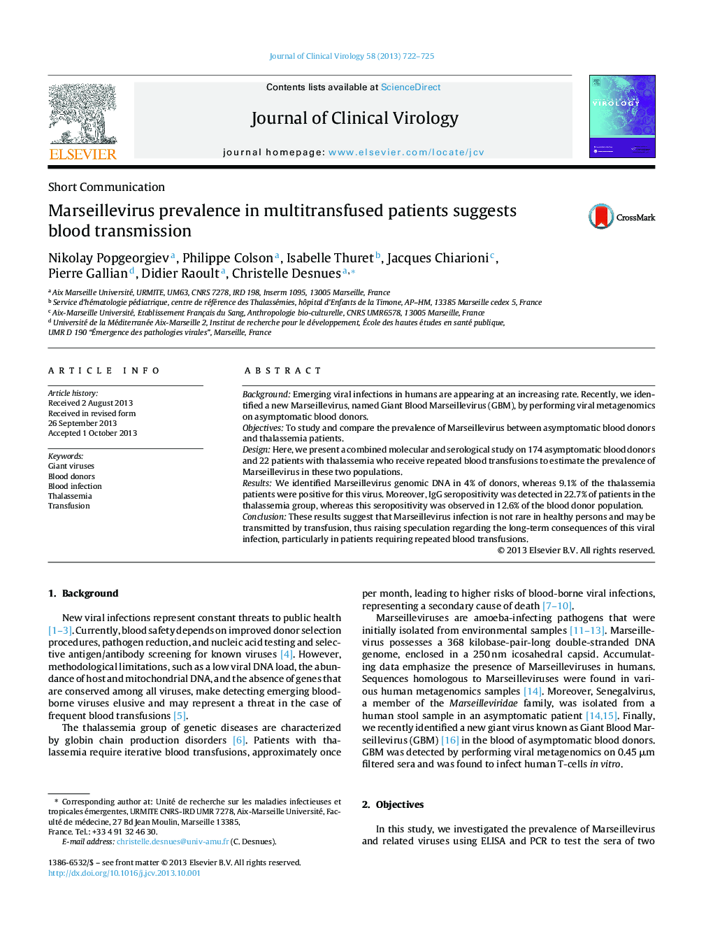 Short CommunicationMarseillevirus prevalence in multitransfused patients suggests blood transmission